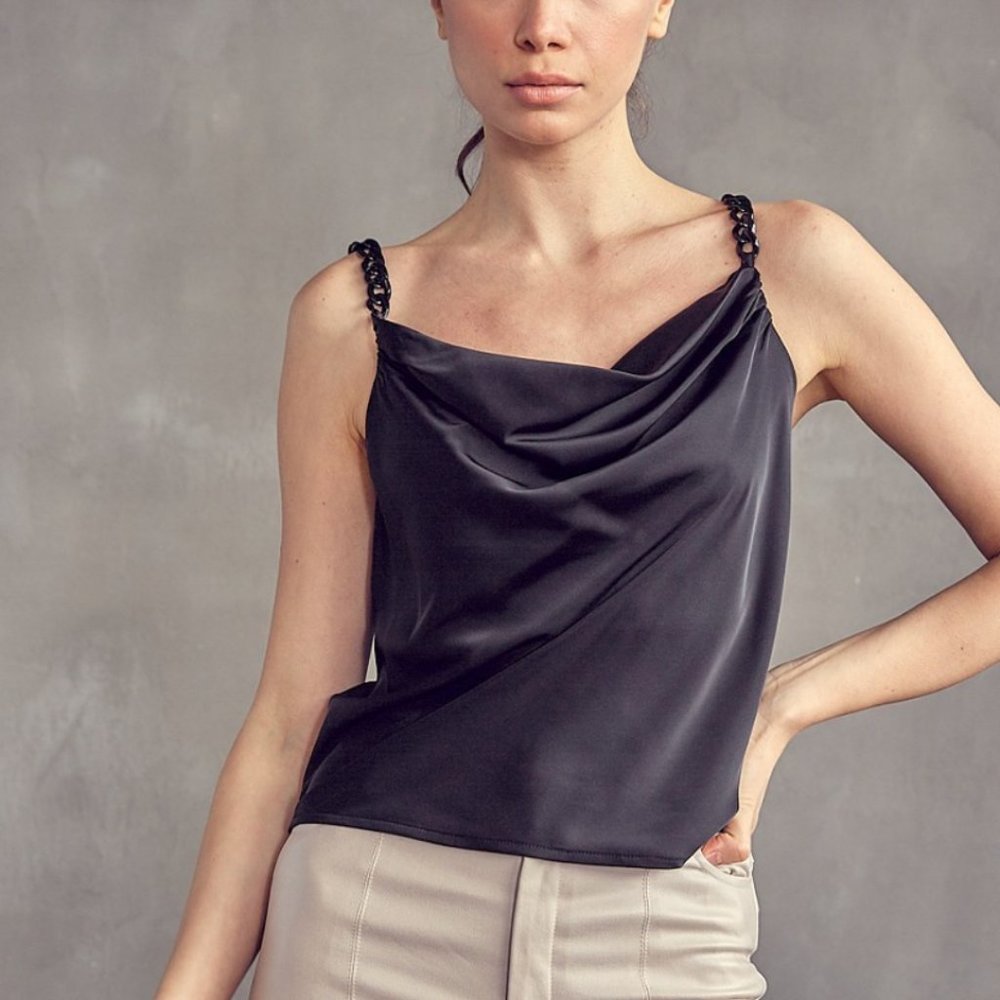 IDEM DITTO Chain Straps Satin Cami Top with‎ Cowl Neckline in Black